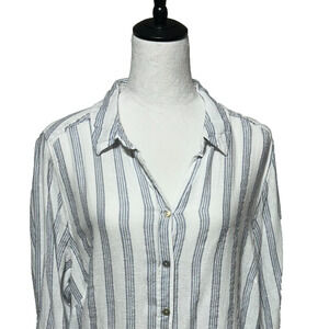 Jane & Delancey Top Womens 1X Blue White Stripe Linen Blend Button Up Roll Tab